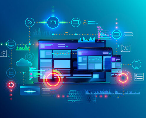 Cross Platform Website, App Design Development On Laptop, Phone, Tablet. Technology Of Create Software, Code Of Mobile Applications. Programming Responsive Layout Of Graphic Interface, Ui, Ux Concept.