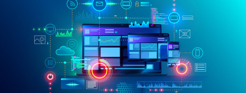 Cross Platform Website, App Design Development On Laptop, Phone, Tablet. Technology Of Create Software, Code Of Mobile Applications. Programming Responsive Layout Of Graphic Interface, Ui, Ux Concept.