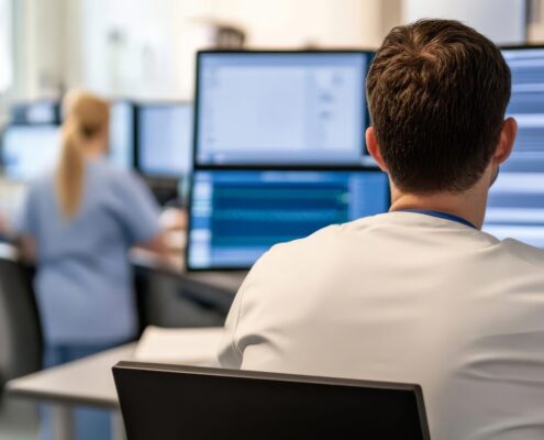 Modern Nurse Station With Multiple Monitors, Staff Working Efficiently, Organization, Healthcare Team