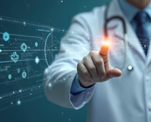 Doctor Points At Digital Data Structure. Modern Medical Tech, Future Medicine Concept. Medical Worker Uses Innovative Computer Network Interface. Healthcare, Innovative Diagnostic Research. Medicine,