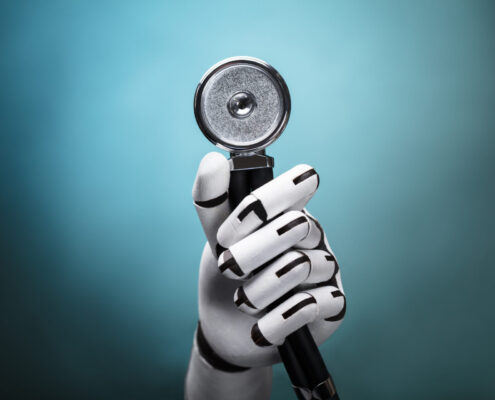 Close Up,of,a,robot's,hand,holding,stethoscope,on,colorful,background