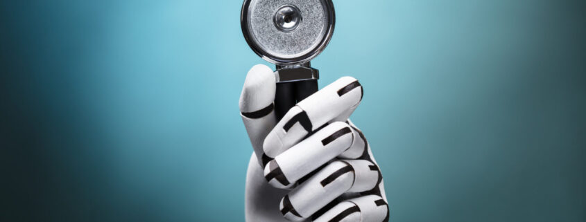 Close Up,of,a,robot's,hand,holding,stethoscope,on,colorful,background